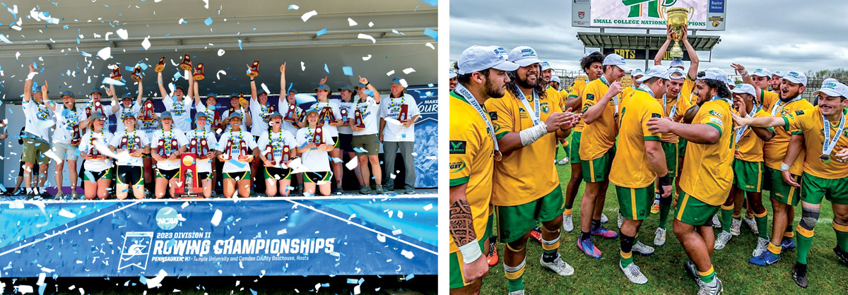 two photos side by side one of the rowing team and the other of the rugby team with their trophy