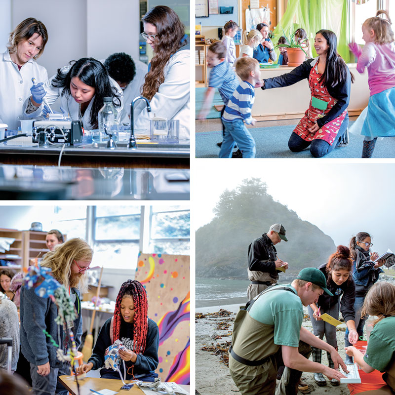 a photo grid of student in the classroom and out in the field