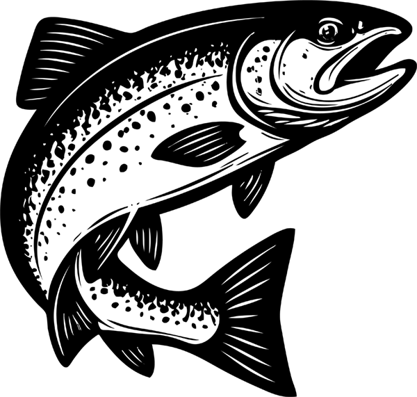 Black and white illustration of cartoon Steehead fish