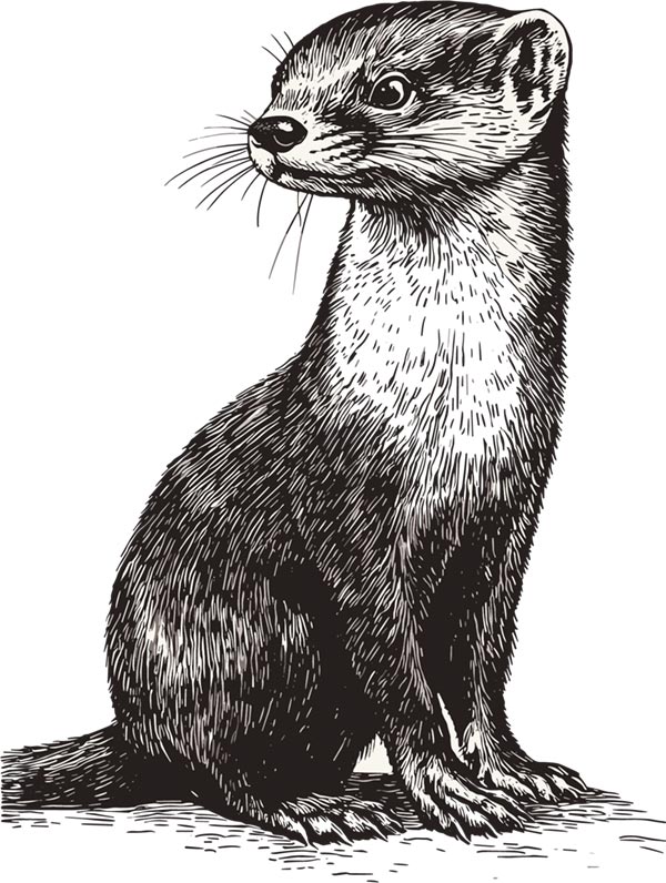 A detailed black and white drawing of a weasel, showcasing its elongated body and distinctive features
